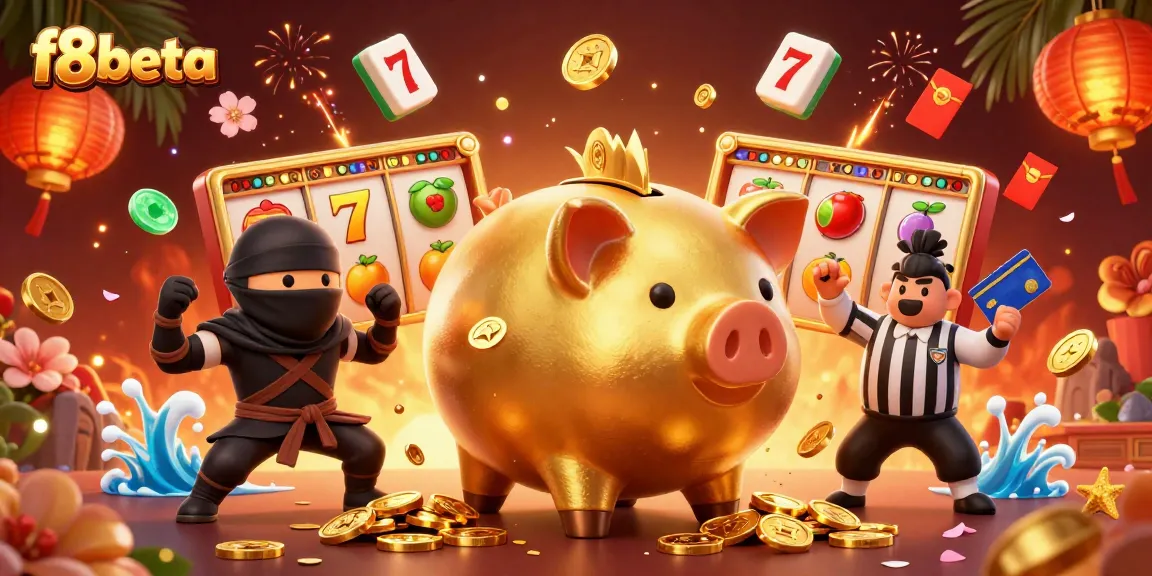 Experience thrilling slot adventures with f8beta's golden piggy bank sumo wrestler illustration.