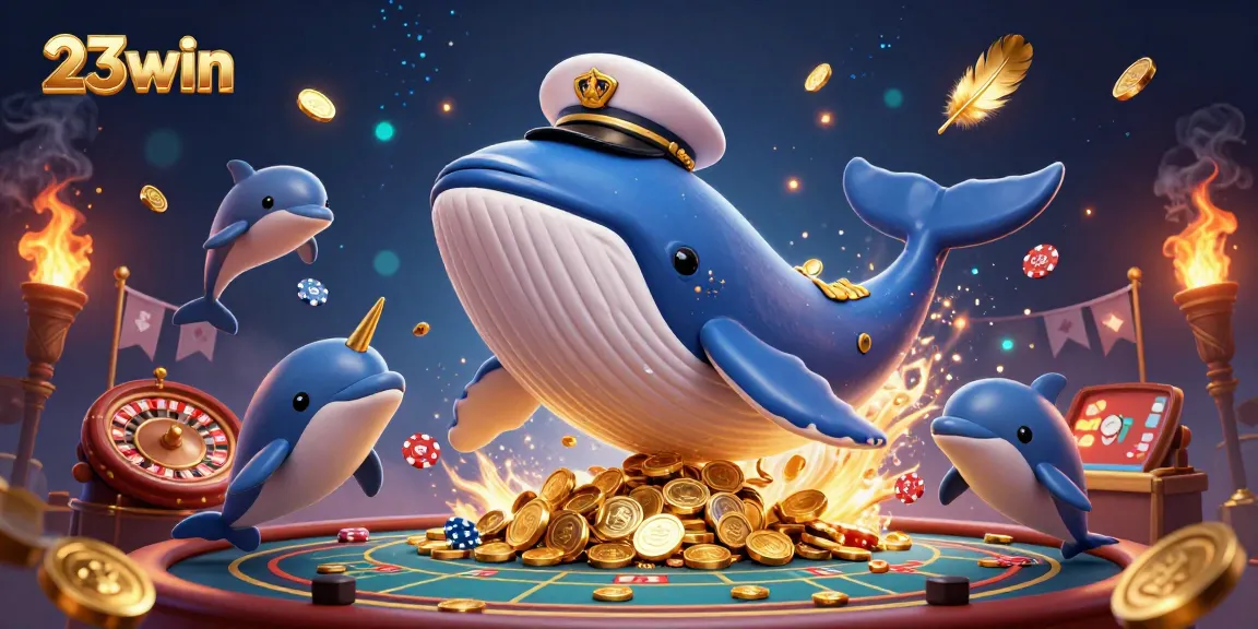 Experience the excitement of 23win with vibrant casino scene featuring playful dolphins and a whale.