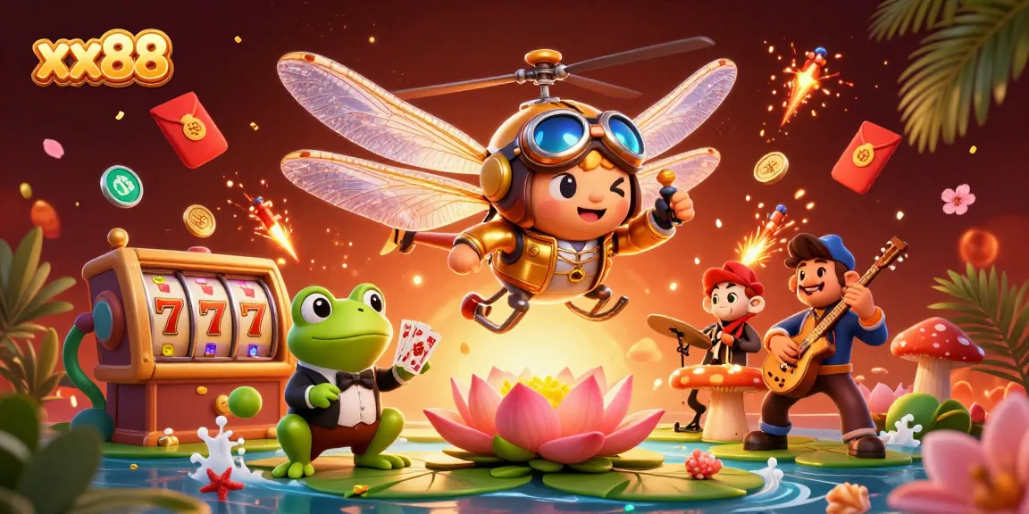 Engage with xx88's vibrant casino world featuring dragonfly pilots and frog croupiers in action.