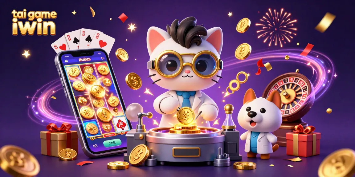 Engage with tai game iwin as a mad scientist cat creates wealth with golden coins amid casino games.