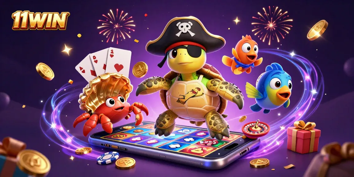 Experience the thrill of 11WIN with vibrant slot games, pirate turtle, and festive elements.