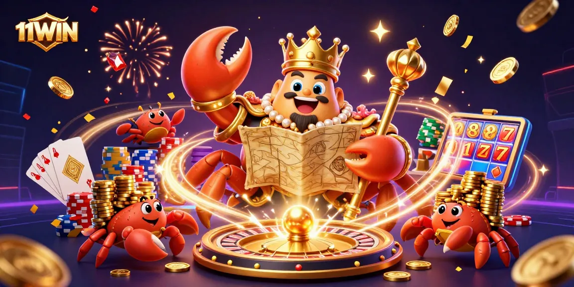 Immerse in excitement at 11WIN with a lavish 3D casino scene featuring a golden crab emperor and treasure.