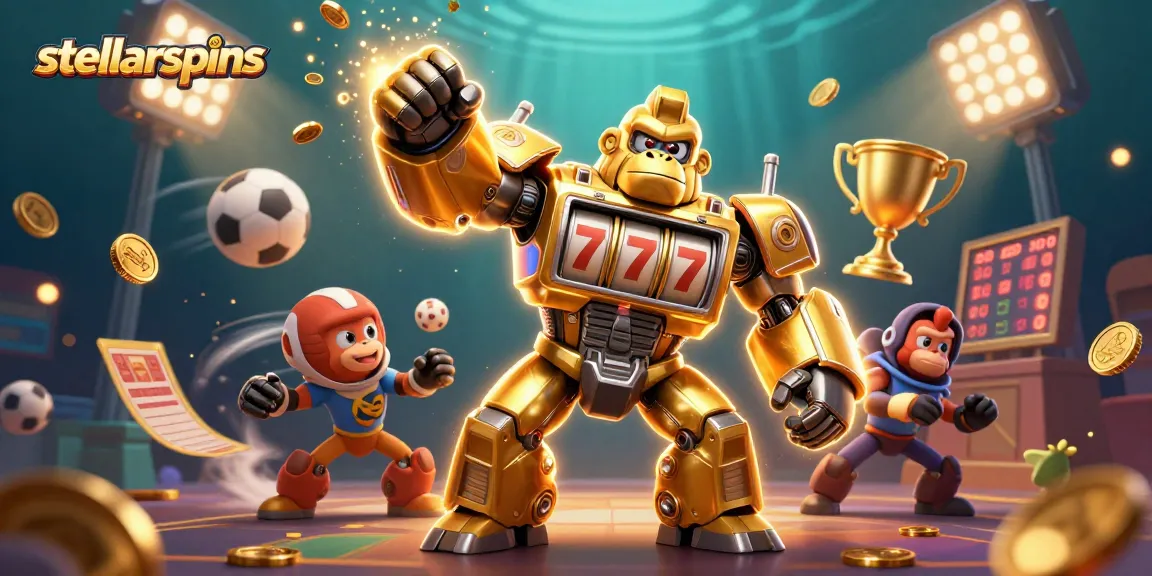 Join the excitement at stellarspins with a golden gorilla mech and sports-themed elements illustrating a thrilling gaming experience.