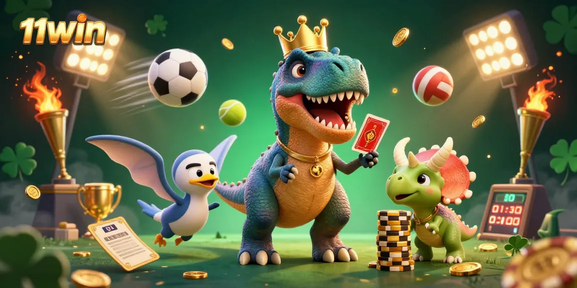 11WIN T-Rex shuffling cards with a pterodactyl in a packed casino scene