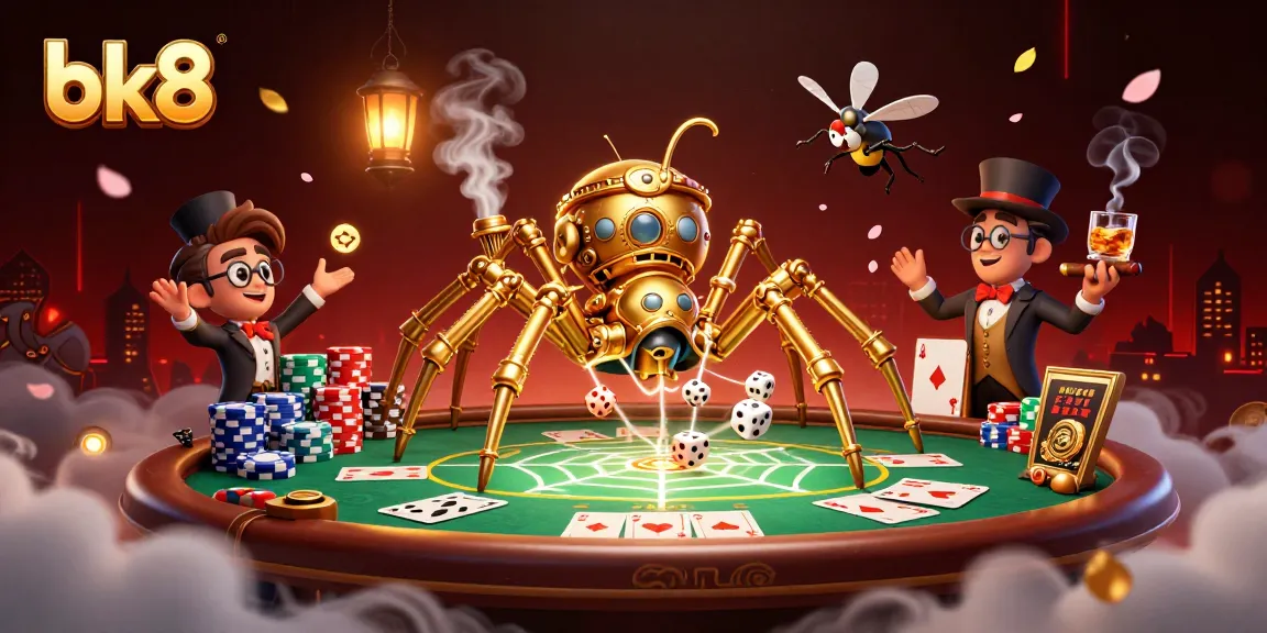 Engage with bk8 action-packed casino scene featuring a golden spider and poker elements.