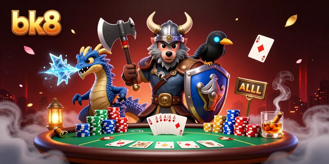Witness the powerful wolf warrior of bk8 winning big at the poker table with a fierce dragon and mystical raven.