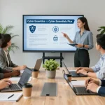 Cyber Essentials vs Cyber Essentials Plus discussion in a modern office with cybersecurity team analyzing strategies and compliance.