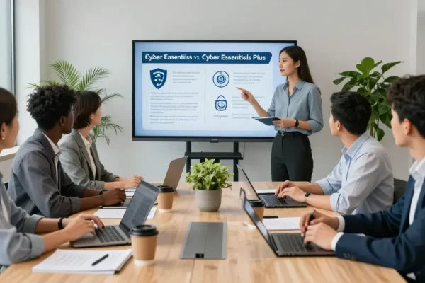 Cyber Essentials vs Cyber Essentials Plus discussion in a modern office with cybersecurity team analyzing strategies and compliance.