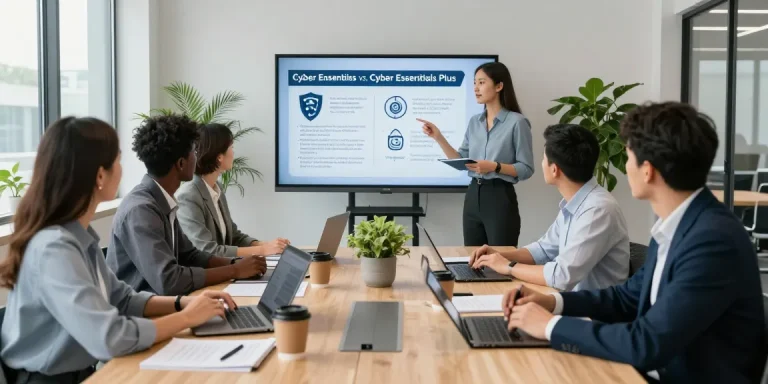 Cyber Essentials vs Cyber Essentials Plus discussion in a modern office with cybersecurity team analyzing strategies and compliance.