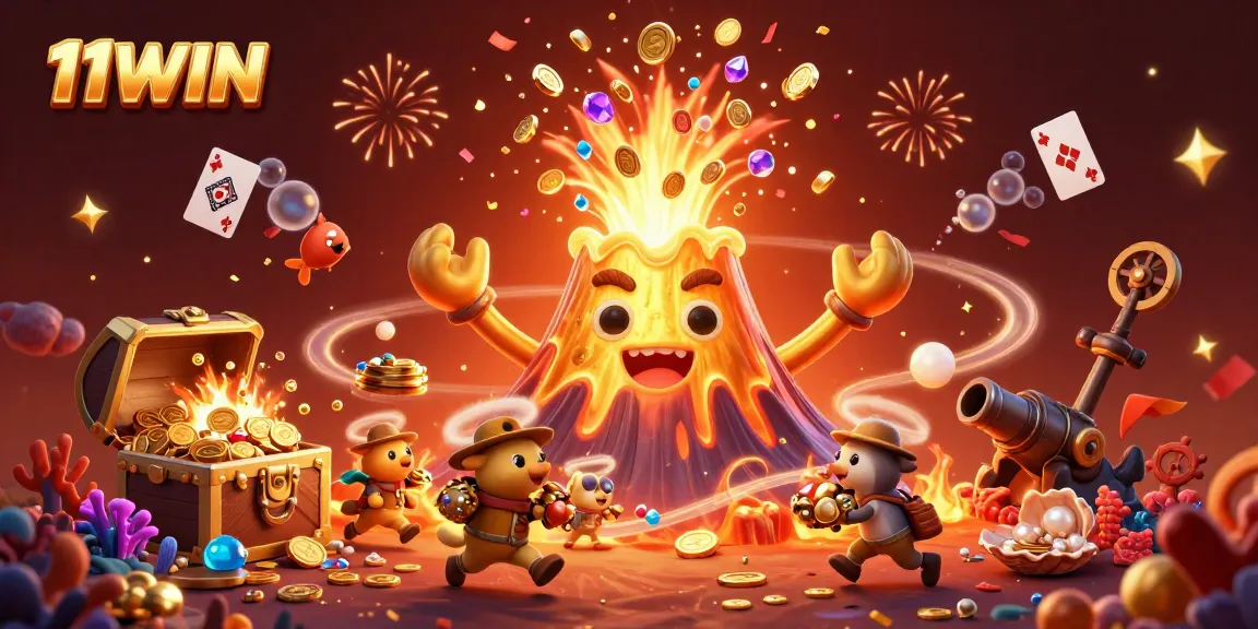 Experience the thrill of 11WIN with this vibrant 3D cartoon illustration featuring a golden volcano erupting treasure.