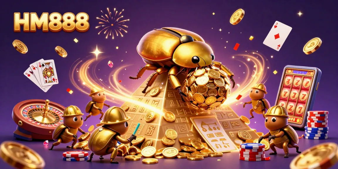 Engage in thrilling gameplay with HM888's massive golden beetle and dynamic casino elements.