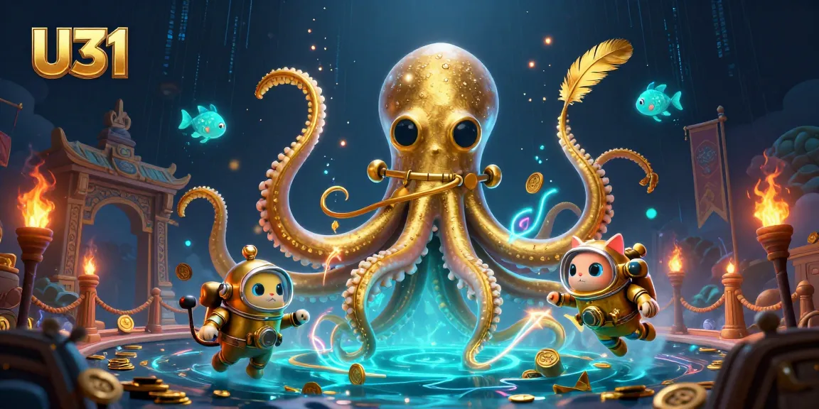 U31 showcases a colossal kraken and diving cat in a vibrant casino-themed scene filled with treasures.