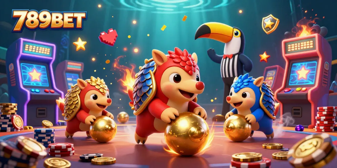 Engage with 789BET through an exciting scene of rival pangolins bowling poker chips in a vibrant casino.