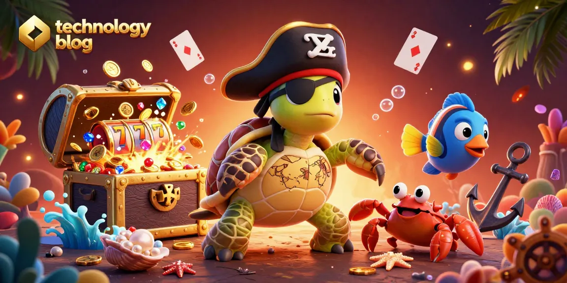 Engage in the vibrant world of the technology blog with a pirate turtle and treasure, showcasing exciting casino elements.