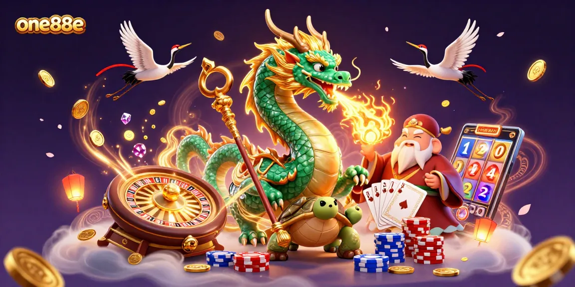 Experience the excitement of one88e with a magical dragon, casino elements, and lucky symbols.