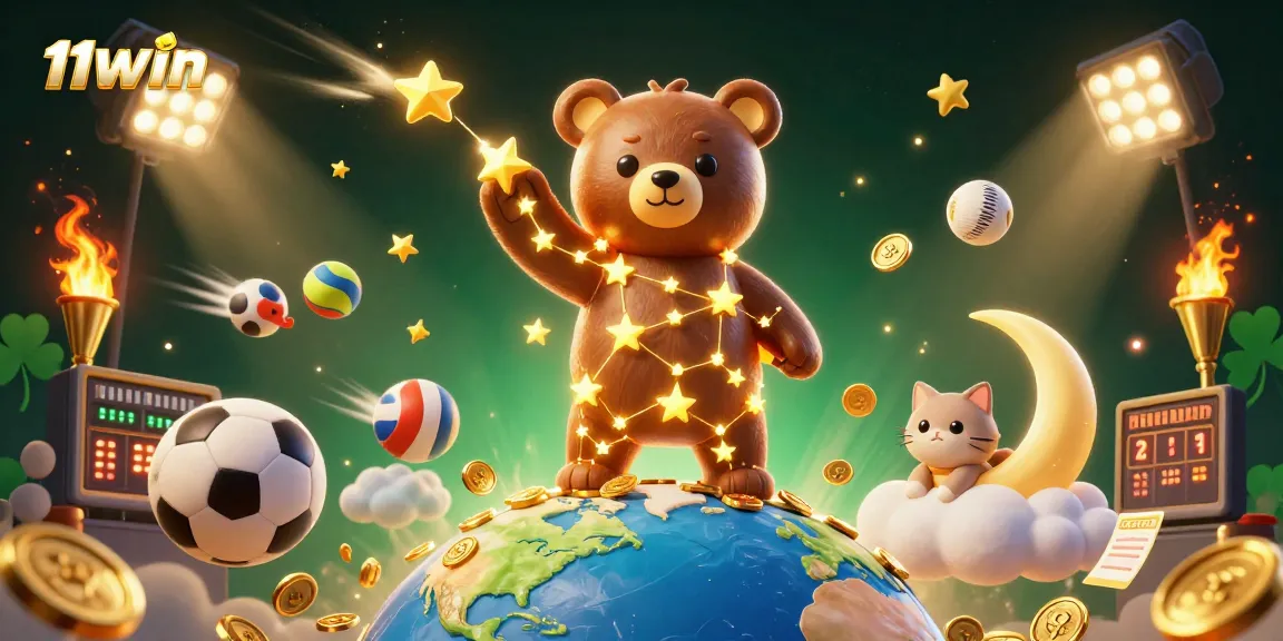 Experience excitement with 11WIN's dynamic gaming elements featuring a constellation bear, sports balls, and vibrant treasures.