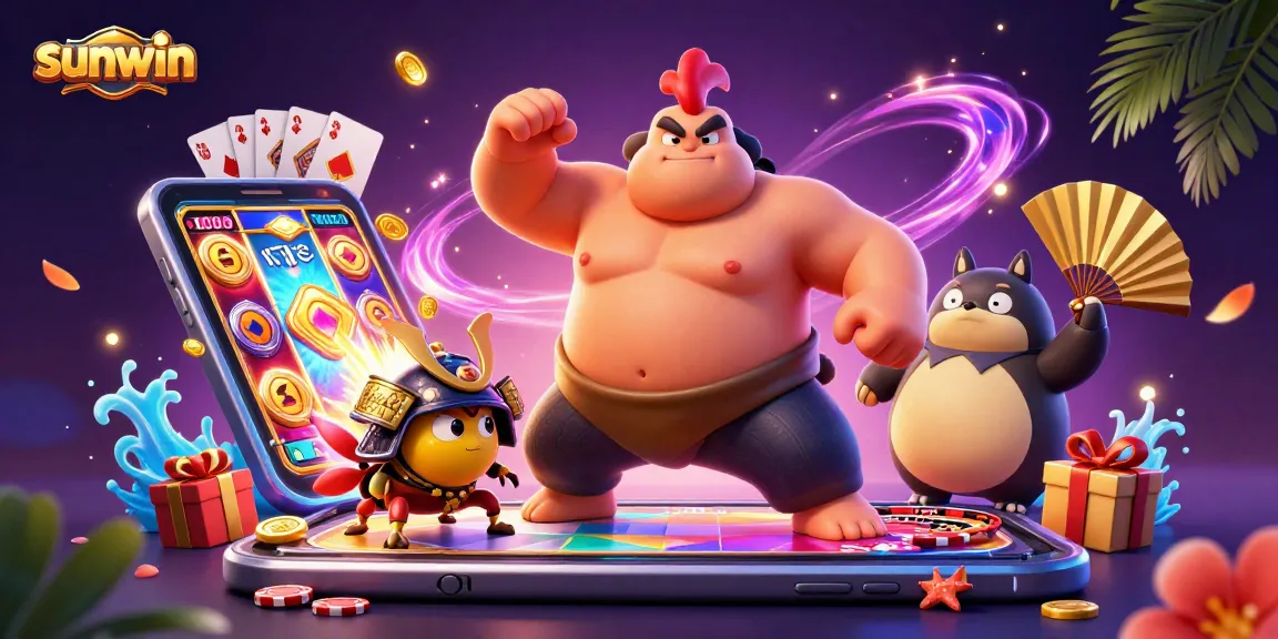 Experience gaming excitement with sunwin in a vibrant 3D illustration featuring intense casino action and colorful game elements.