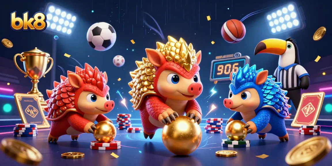 Experience the excitement of bk8 with rival pangolins in a dynamic casino scene filled with vibrant sports and gambling elements.