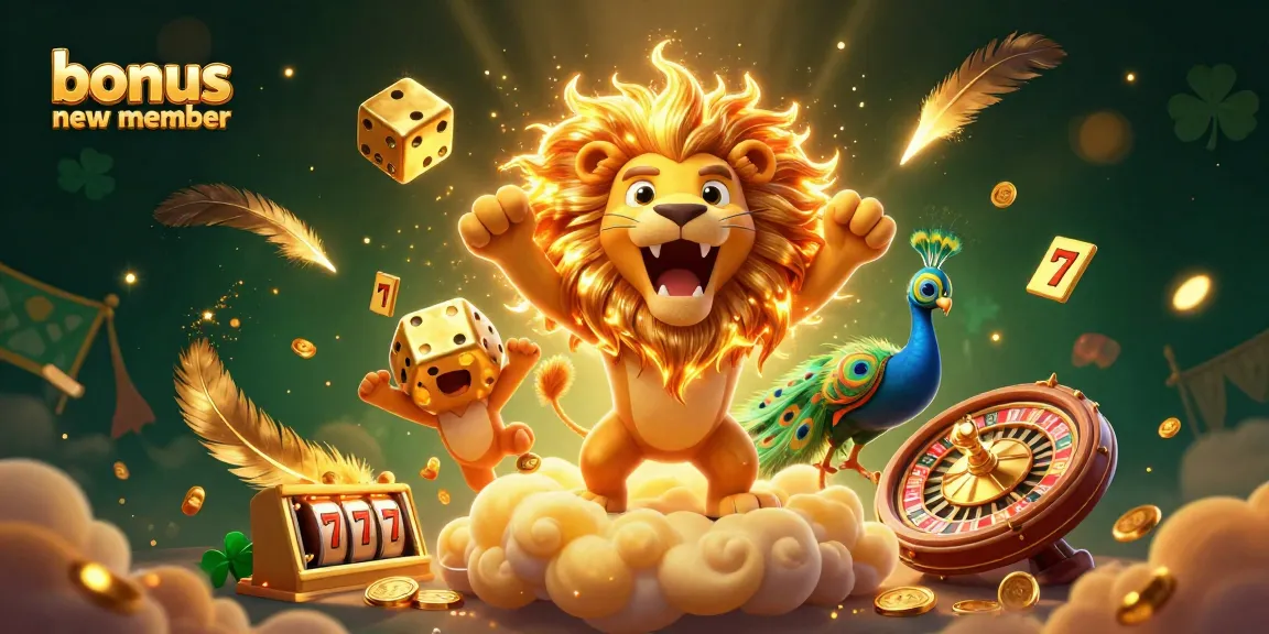 Experience the excitement of "bonus new member" promotions alongside a roaring sun lion and dynamic gaming elements.