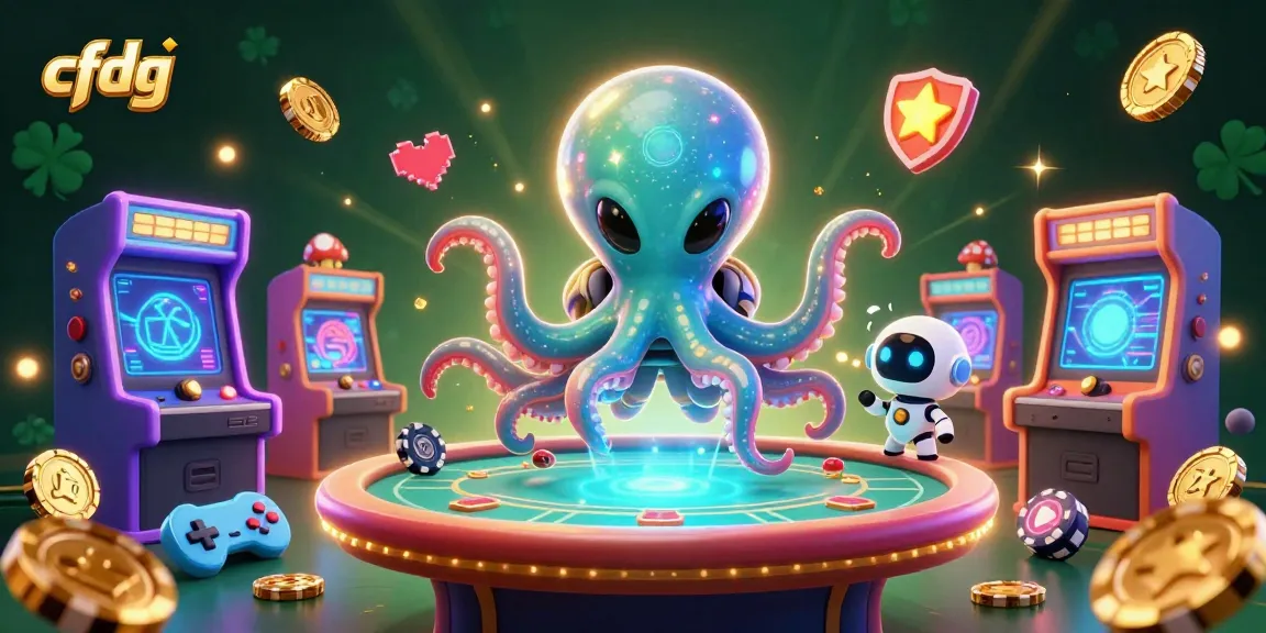 Engage with cfdg in a vibrant 3D casino scene featuring a cartoon alien octopus at a holographic poker table.