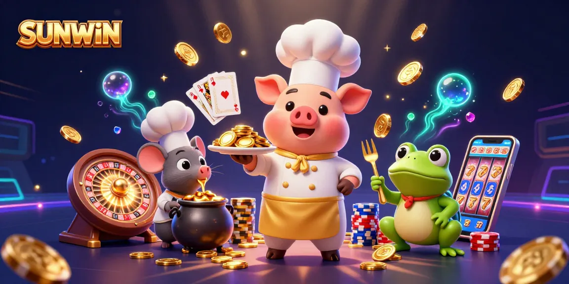SUNWIN offers unique game experiences with a chef pig serving gold coins in a vibrant casino scene.