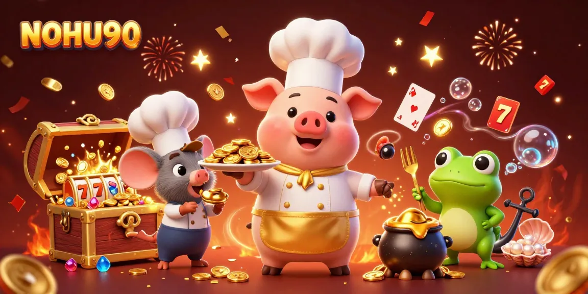 Experience thrilling wins at NOHU90 with a vibrant casino-themed illustration showcasing fun and excitement.