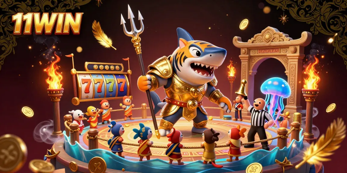 Experience thrilling gameplay at 11WIN with a 3D cartoon shark promoting exciting slots in a vibrant underwater scene.