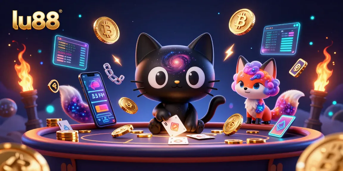 lu88 invites players to explore a dynamic cosmic casino scene filled with glowing cryptocurrency elements.