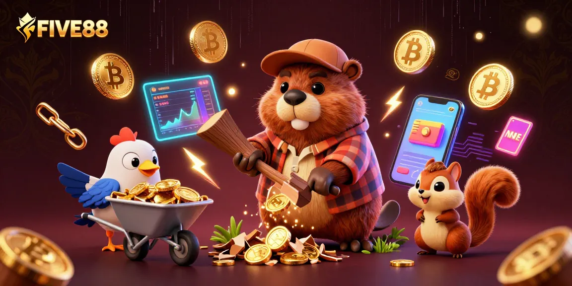 Engage with FIVE88 while a beaver collects gold in a casino-themed 3D illustration.