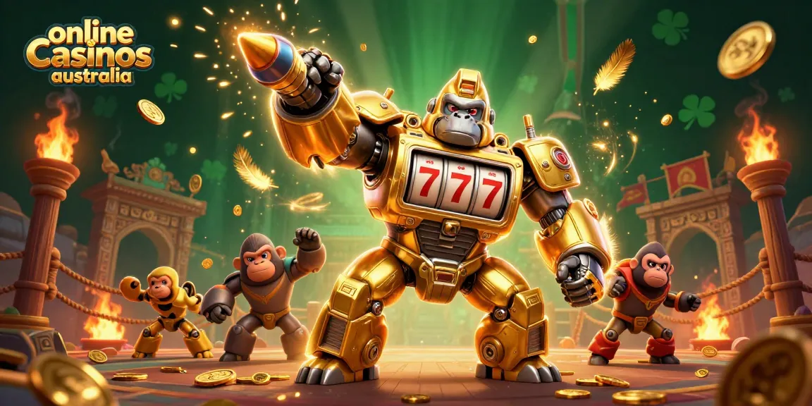 Experience thrilling action at online casinos australia with a golden gorilla mech and dramatic casino elements.