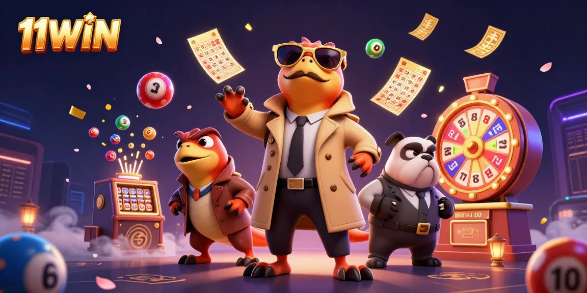 Experience the fun of 11WIN as colorful lottery balls bounce around three raptors in a casino.
