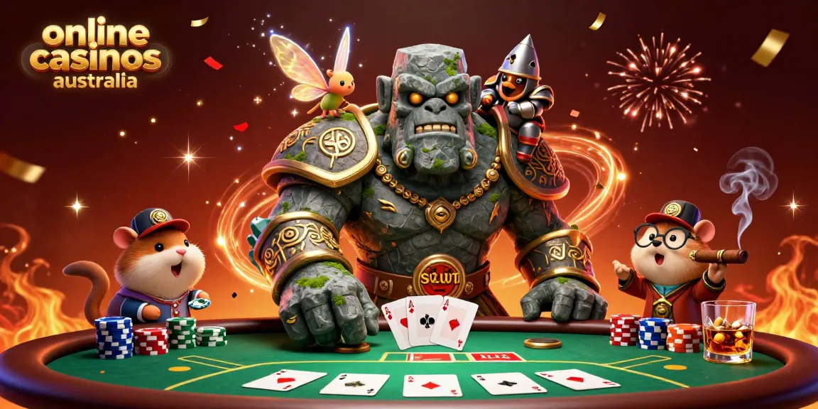 Experience the excitement of online casinos Australia with this animated scene of a stone golem, fairy, and hamster knight.