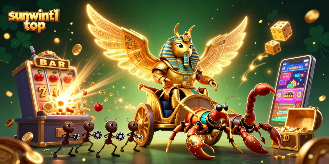 Experience thrilling action at sunwint1 top with vibrant casino-themed illustration featuring golden scarab and slot machines.