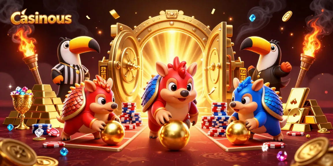 Casinous pangolins bowling through poker chips with treasures in a vibrant mobile casino scene.