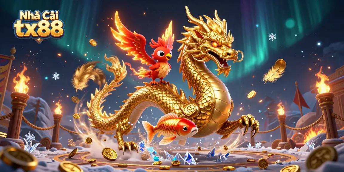 Experience dynamic betting with Nhà Cái tx88 featuring a golden dragon and phoenix in action.