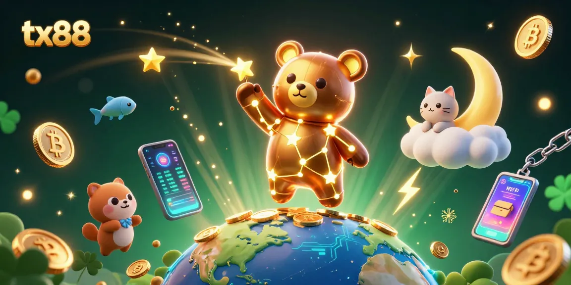 Engage with tx88's vibrant casino atmosphere, featuring a celestial bear scooping coins and dynamic crypto elements.