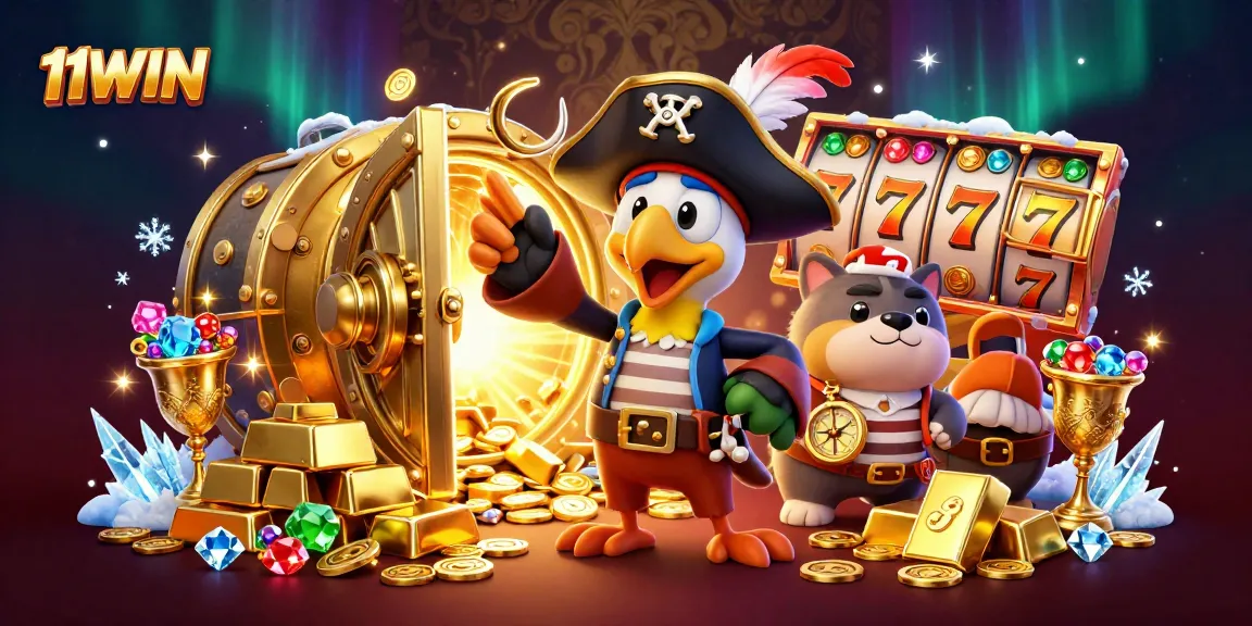 Engage with 11WIN's thrilling casino scene featuring treasure and slot reels.