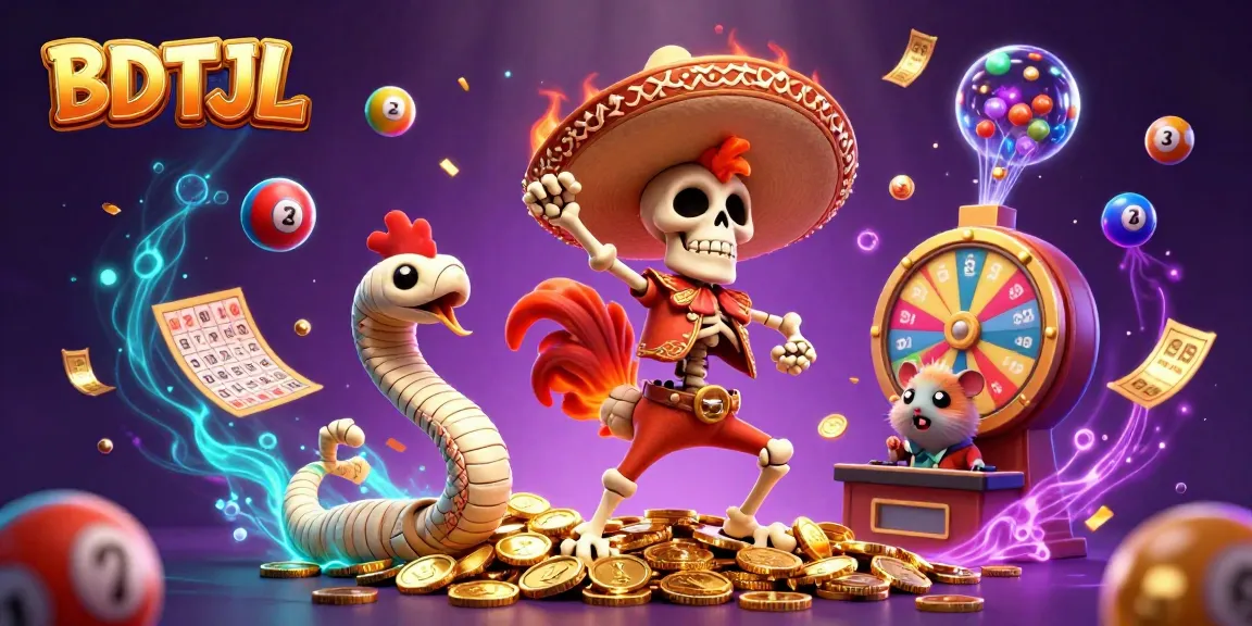 Celebrate BDTJL with a dynamic illustration of a mariachi rooster dancing amidst lottery elements and vibrant casino gaming items.