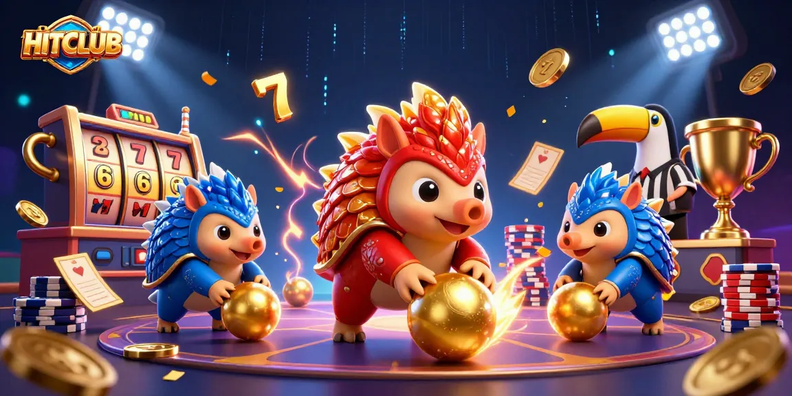 Engage with HITCLUB by rolling pangolins amidst vibrant slot elements and dynamic casino action.