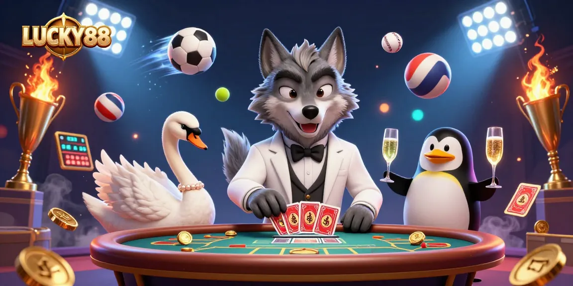LUCKY88 features a wolf, swan, and penguin in an engaging casino scene filled with action.