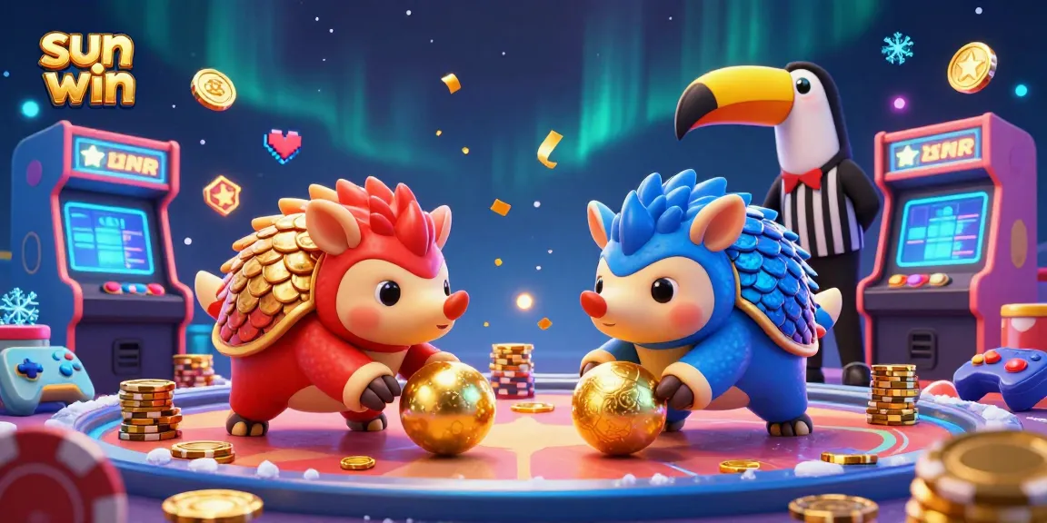 Experience exciting gameplay at sun win with rival pangolins bowling through stacks of poker chips in a dazzling 3D casino scene.